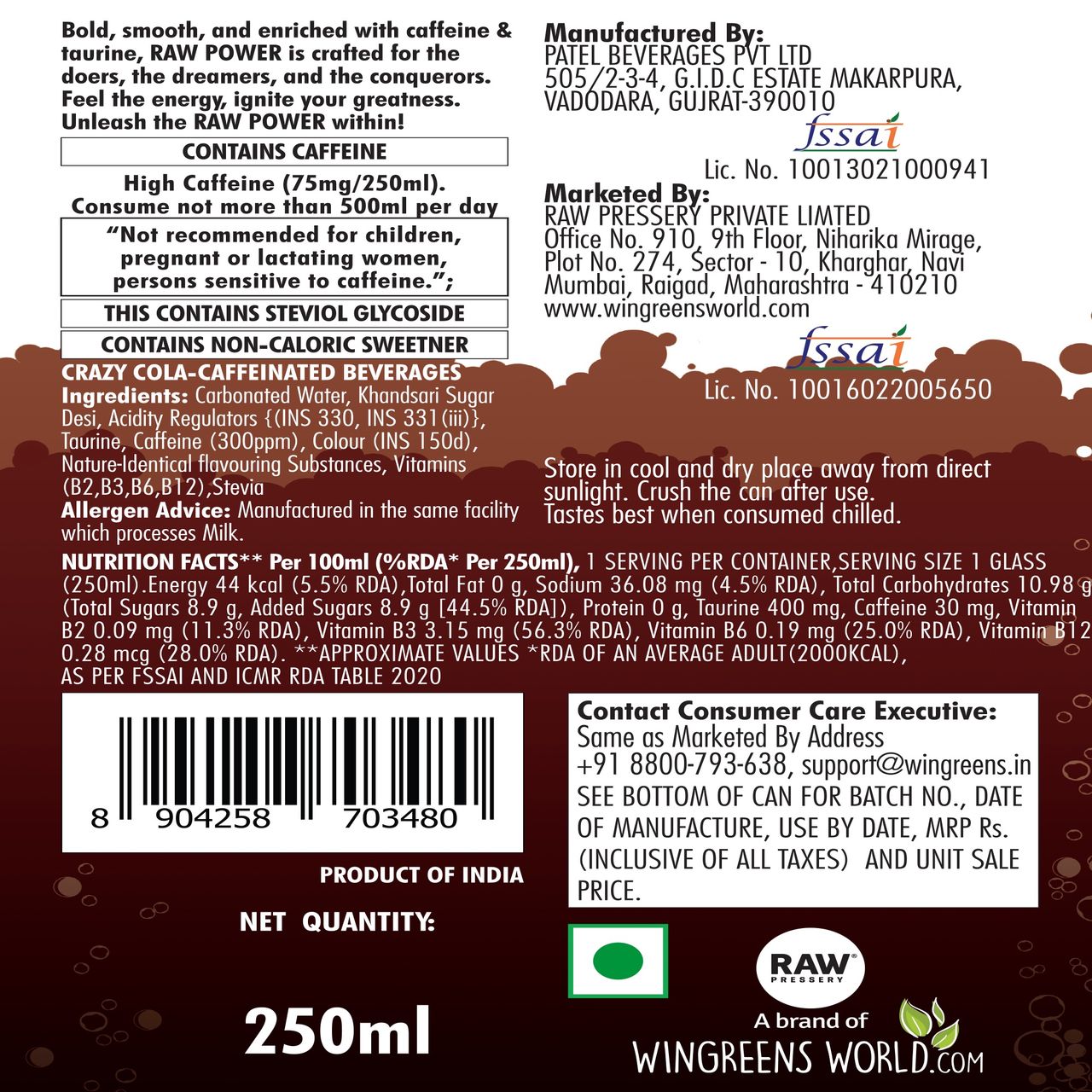 Raw Pressery Power Energy Drink - Crazy Cola 250 ml Combo