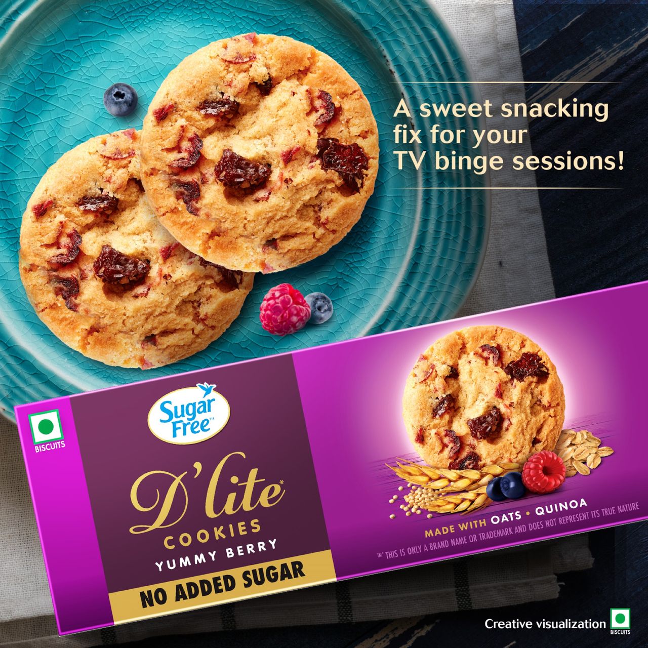 Sugar Free D'Lite Yummy Berry Cookies | Zero Added Sugar | Made with Oats & Quinoa 75 g Combo