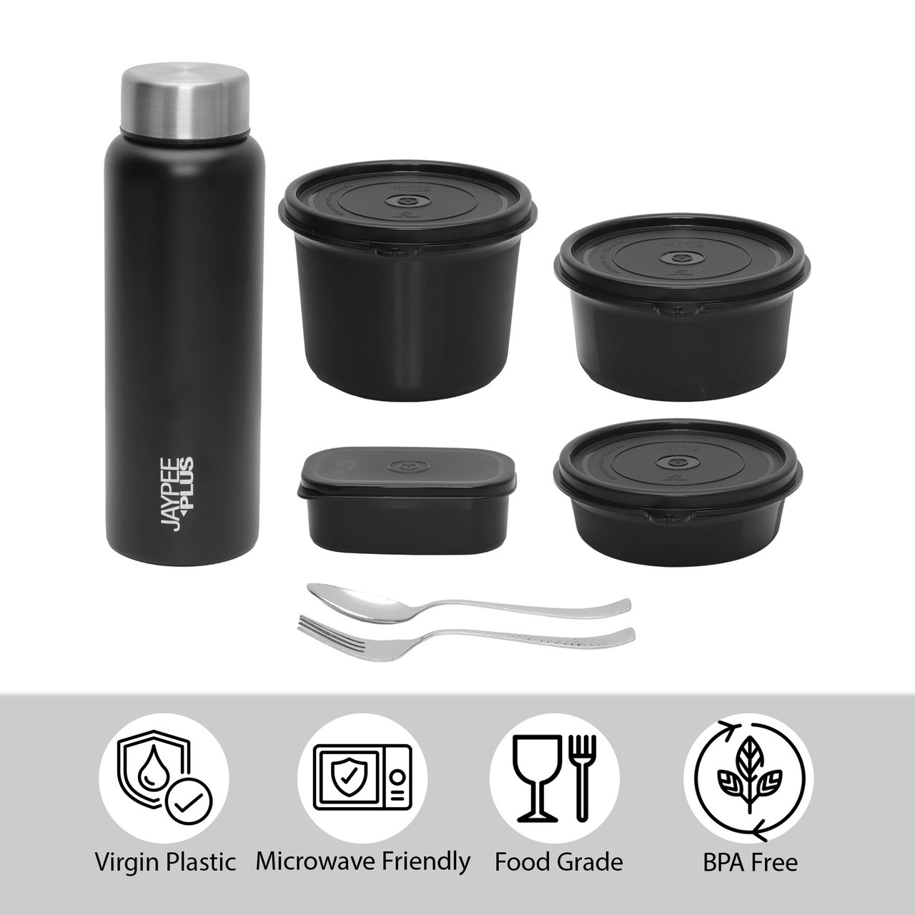 Jaypee Plus MealPlus Lunch Box Container Capacity 1390 ml with 720 ml Steel Bottle | Black