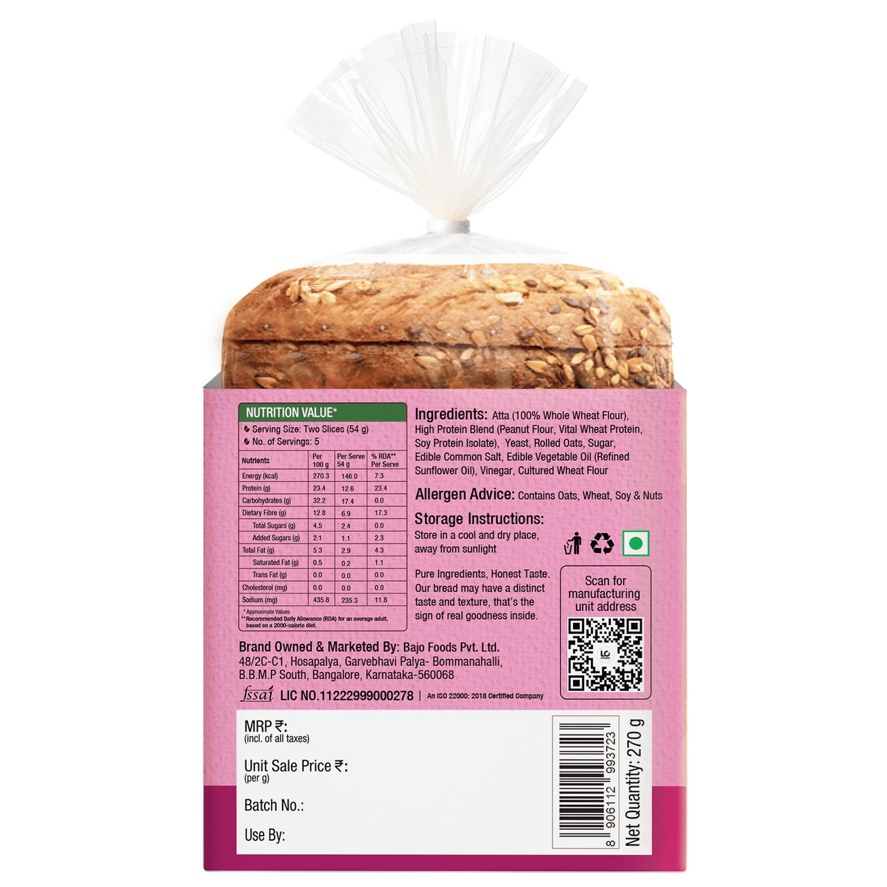 Protein Chef Double Protein Bread (No Maida, Multigrain Brown Bread) - Made with MP Sharbati Wheat