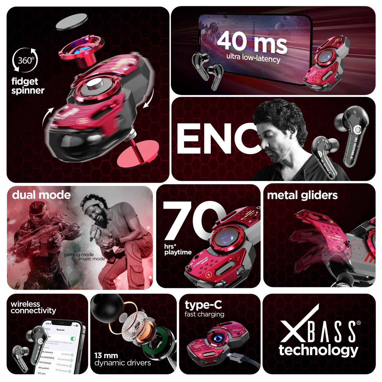 Nu Republic Cyberstud Spin Spinner Earbuds With Upto 70Hr Playtime Tws Wirless Earbuds (Red/Grey)