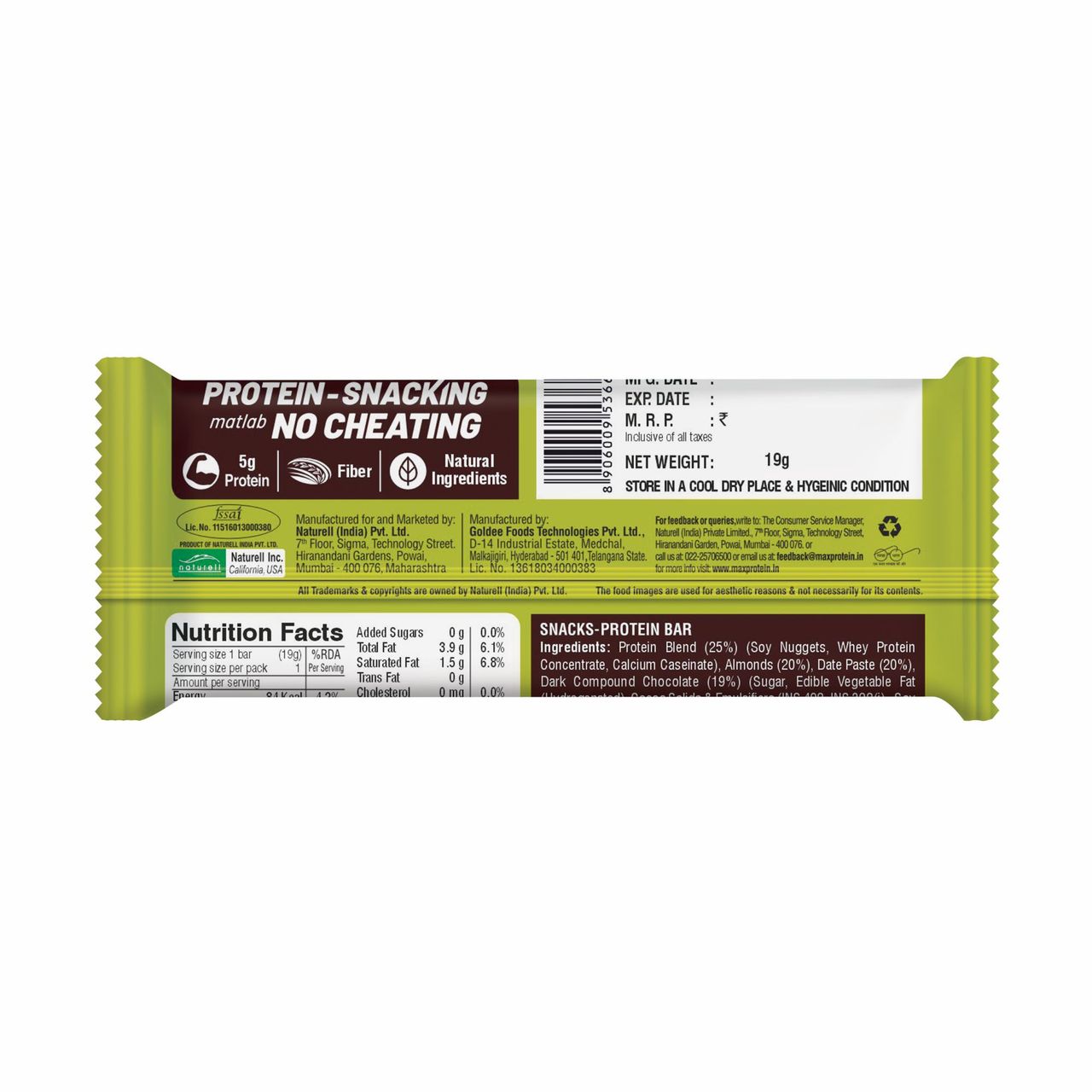 Ritebite Max Protein 5g Protein Bar Date & Almond Bytes