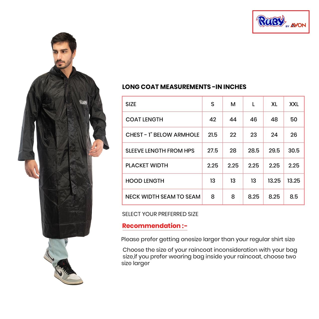 Fendo Ruby Cindrella Rain Coat for Men Long Overcoat Bike Rain Jacket | Black | XXL