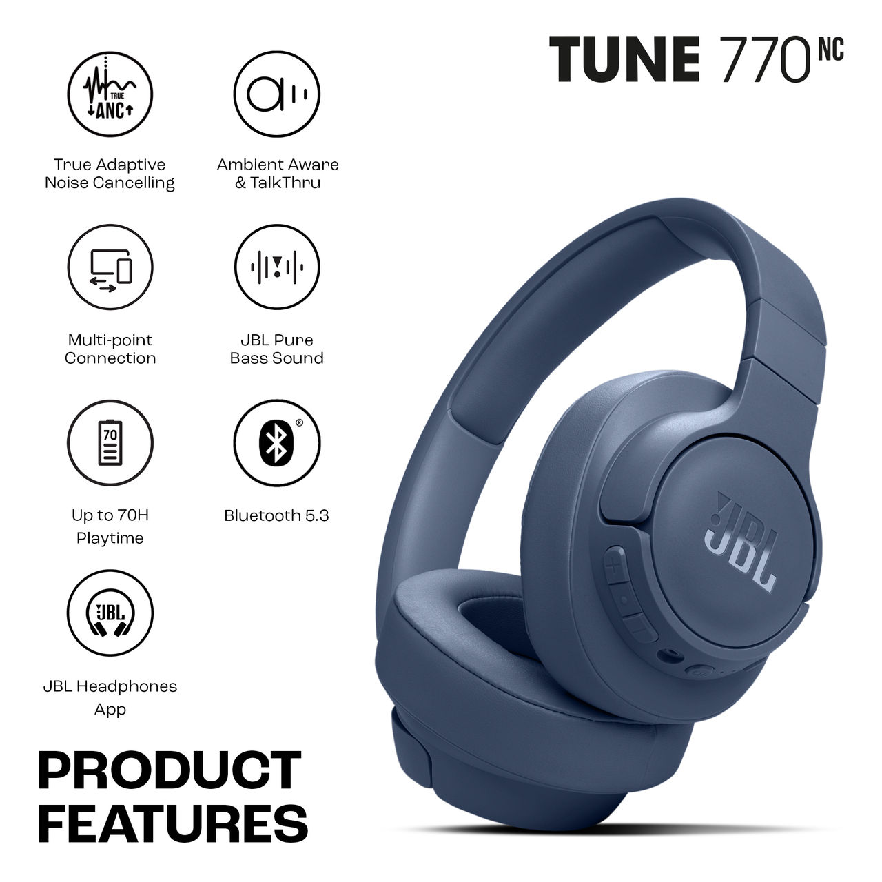JBL Tune 770Nc Wireless Over Ear Anc Headphones With Mic (Blue)