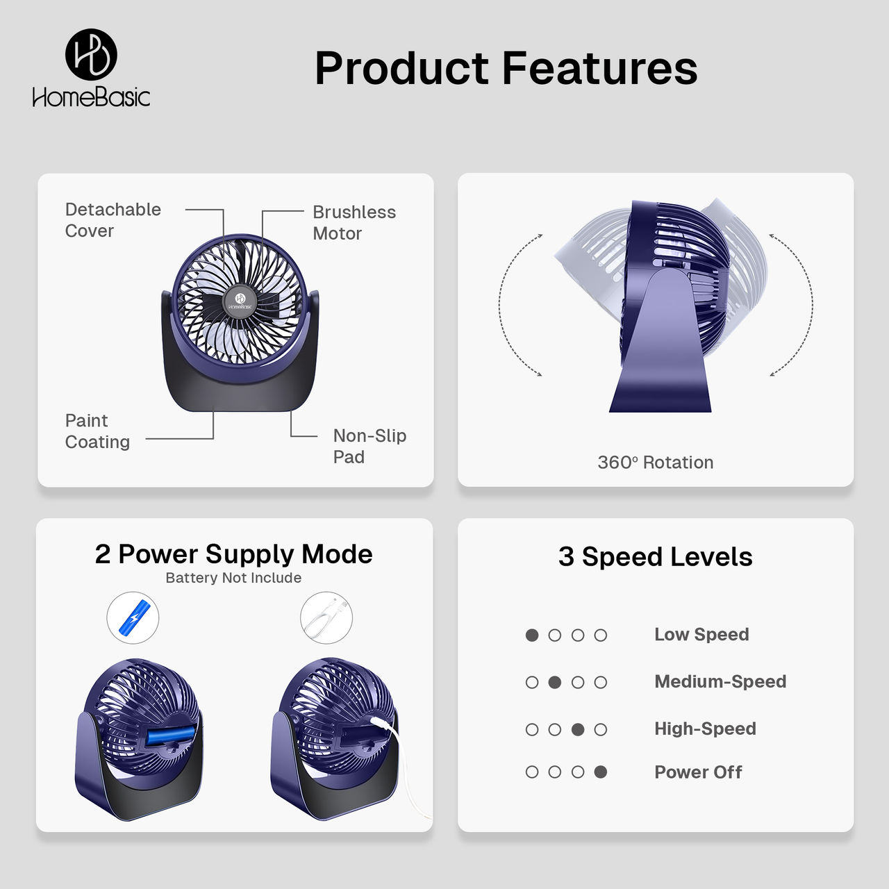 Homebasic Mini Rechargeable USB Portable Fan, 360 Degree Rotation, Handheld & Desk Fan | Blue