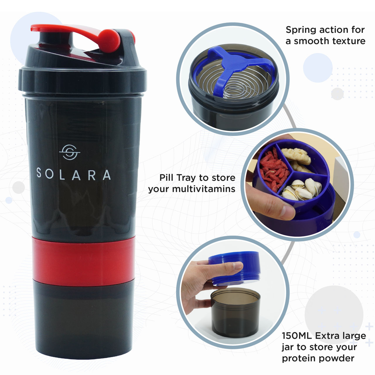 Solara Tritan Protein Shaker Bottle for Gym with Two Layer Extra Storage | Black and Red - 650 ml