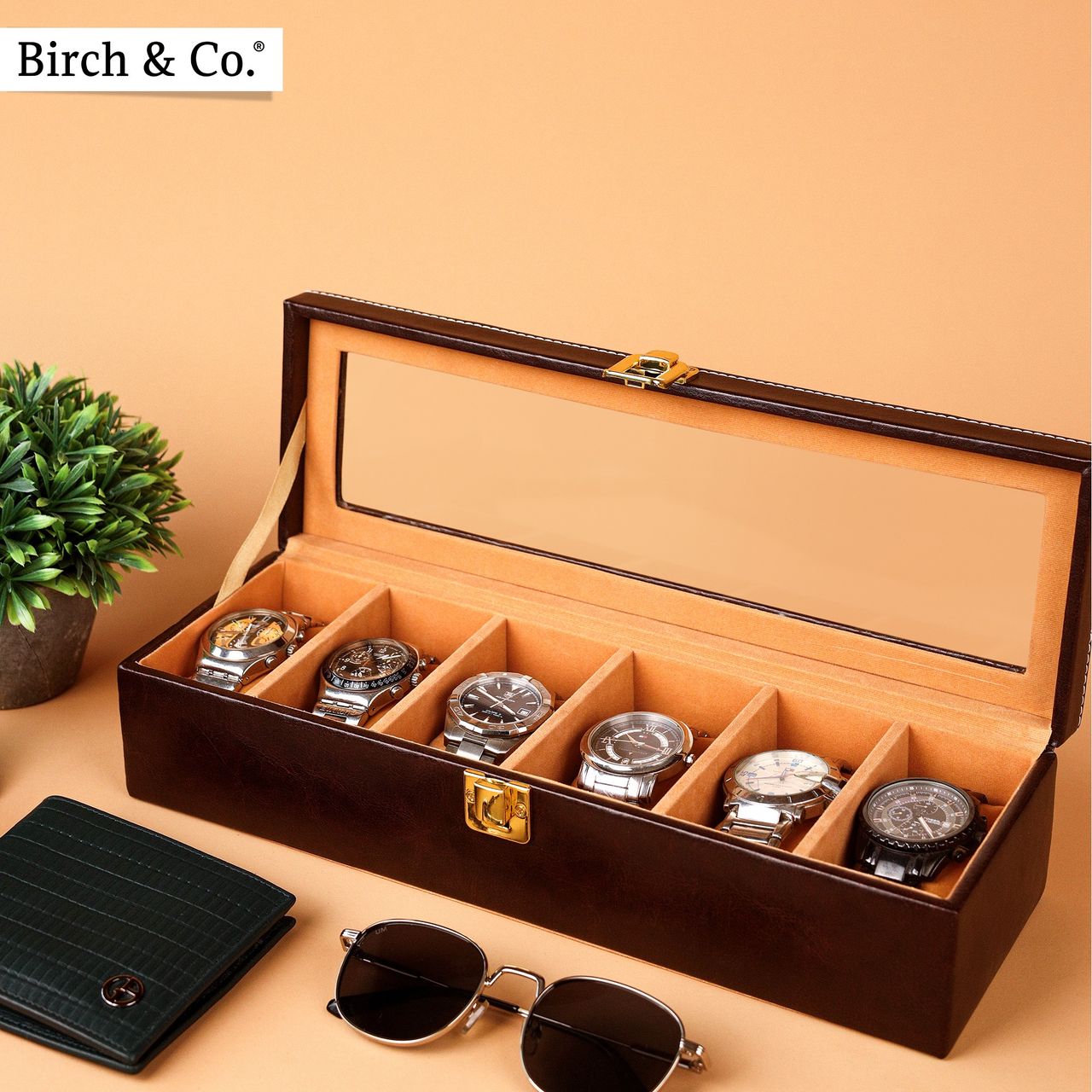 Birch & Co. Unisex Re-engineered Wood and Vegan Leather Rectangular Watch Box | Brown