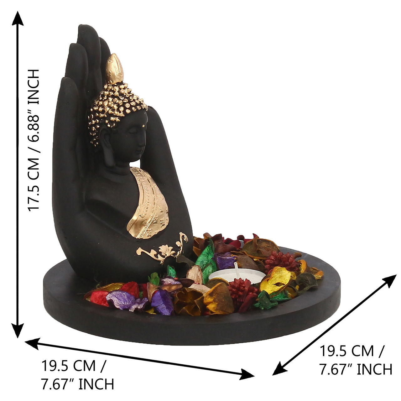 eCraftIndia Majestic Black and Golden Polyresin Palm Buddha Statue with Wooden Base