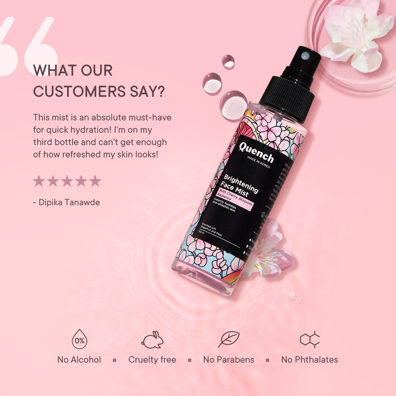 Quench Brightening Korean Face Mist with Cherry Blossom & Pearl Extracts Instantly Hydrates & Brightens