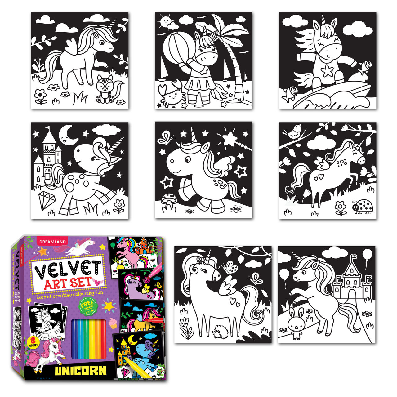 Dreamland Unicorn - Velvet Art Set With 10 Free Sketch Pens | Gift Pack, 8 Sheets