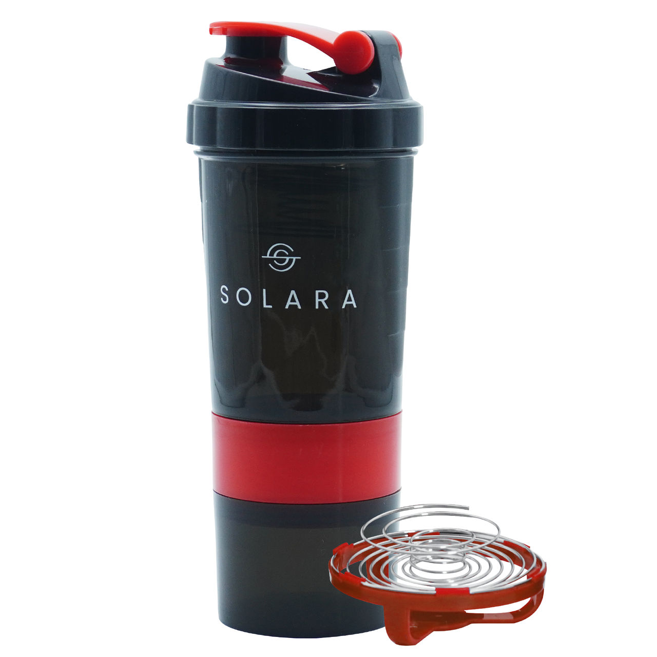 Solara Tritan Protein Shaker Bottle for Gym with Two Layer Extra Storage | Black and Red - 650 ml