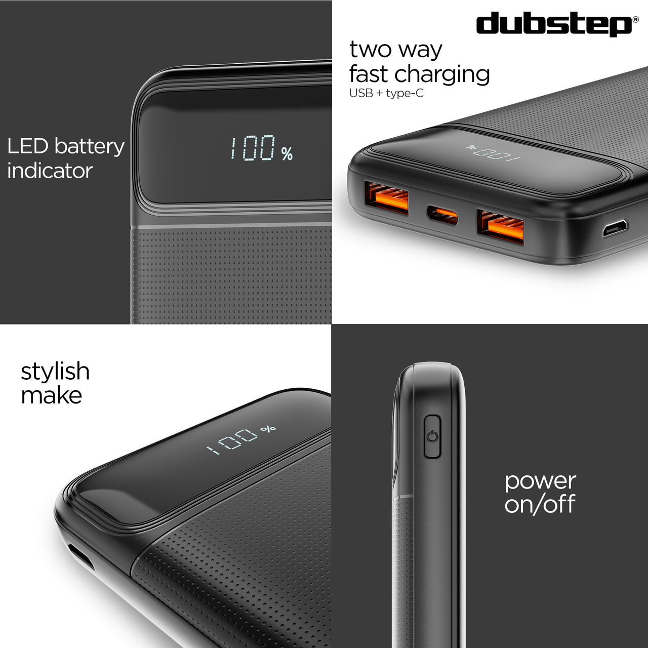 Dubstep Powerblitz X2 10,000 mAh with Dual USB Port & Type-C Multi Device Charging Powerbank (Black)