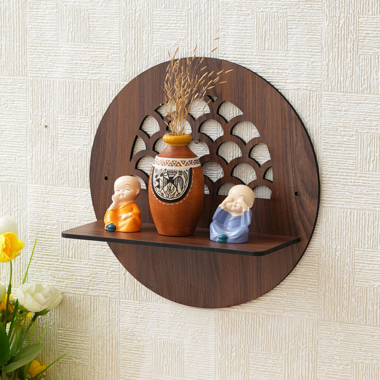 eCraftIndia Brown Round Shape Designer Wooden Wall Shelf