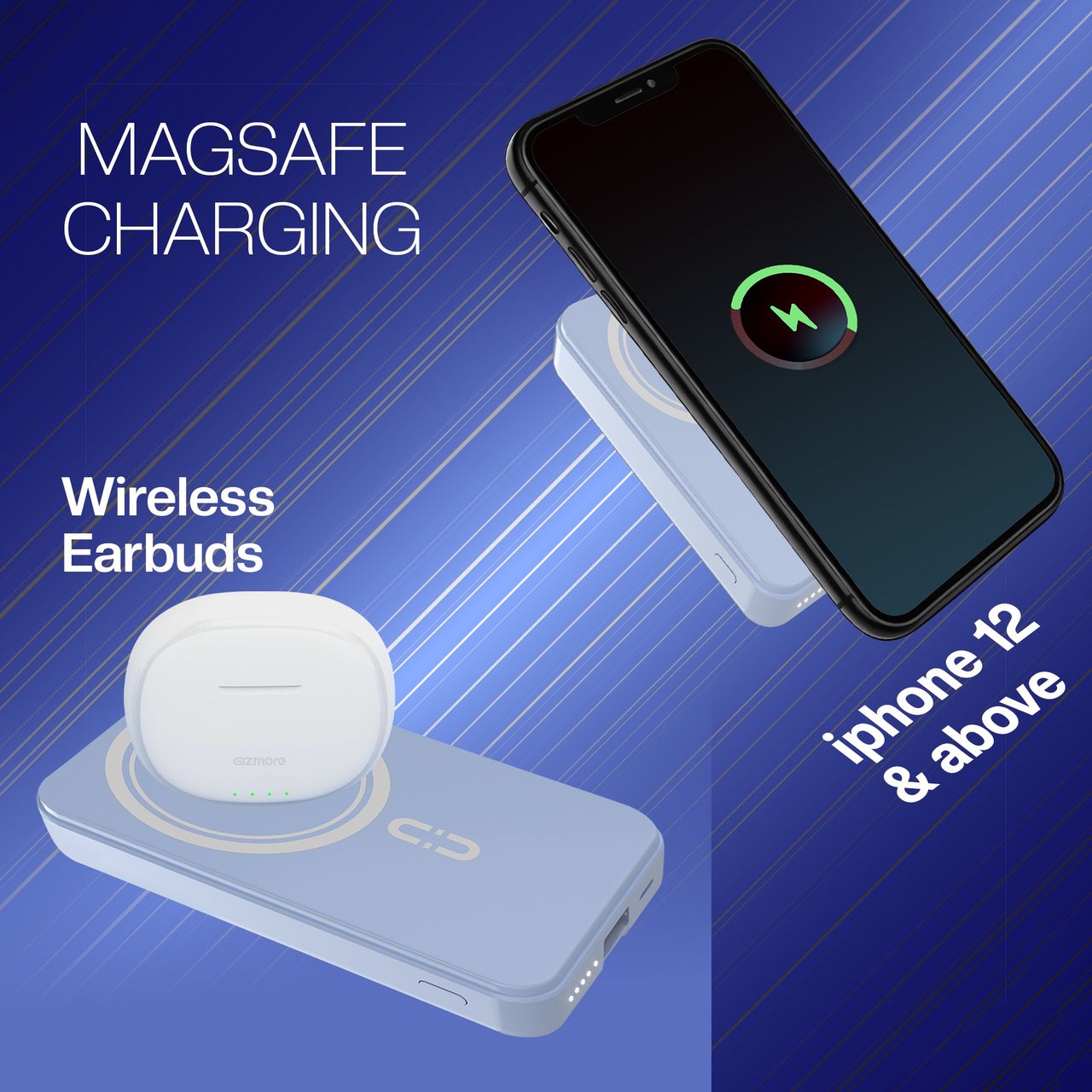Gizmore 15W MagSafe Wireless 10000mAh Fast Charging PowerBank with inbulit type C to Lighting cable