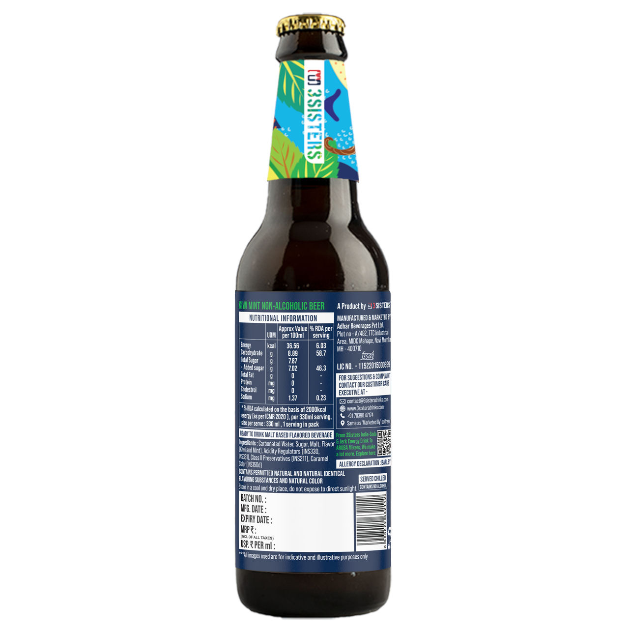 3SISTERS Non Alcoholic Beer - Kiwi Mint Flavour 330 ml X 2 Combo