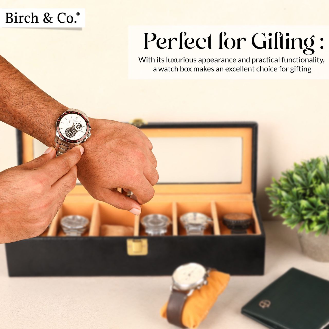Birch & Co. Unisex Re-engineered Wood and Vegan Leather Rectangular Watch Box | Black