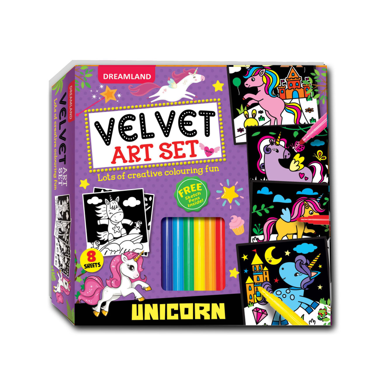 Dreamland Unicorn - Velvet Art Set With 10 Free Sketch Pens | Gift Pack, 8 Sheets