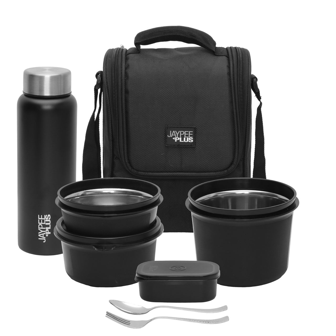 Jaypee Plus MealPlus Lunch Box Container Capacity 1390 ml with 720 ml Steel Bottle | Black