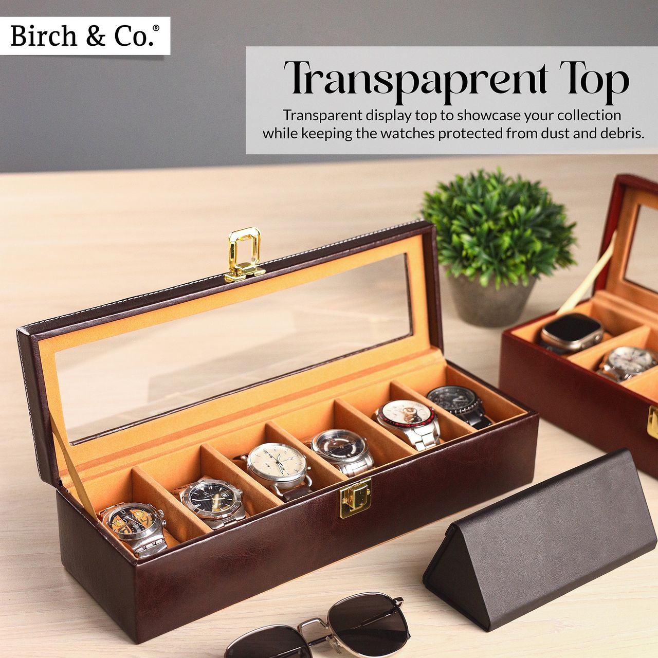 Birch & Co. Unisex Re-engineered Wood and Vegan Leather Rectangular Watch Box | Brown