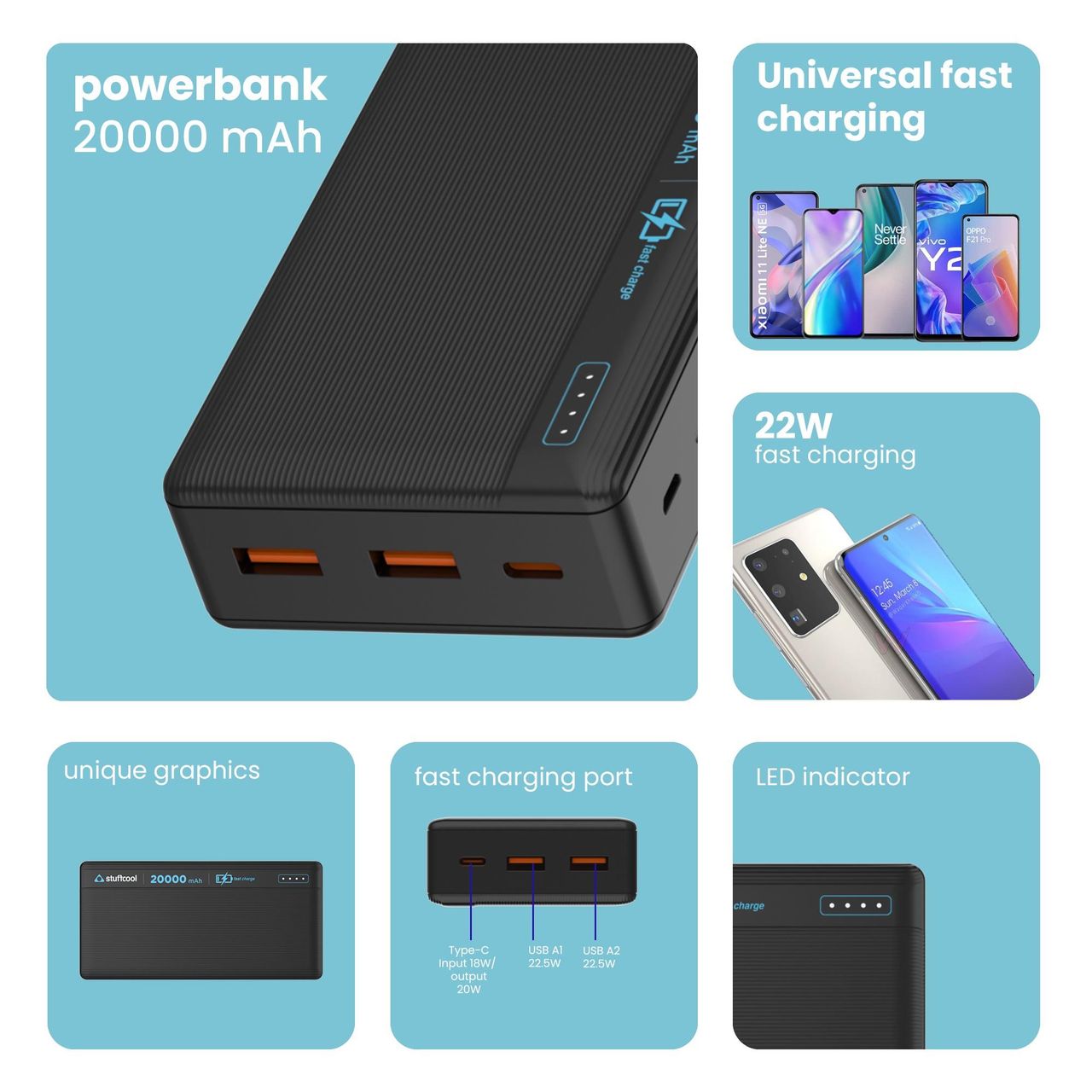 Stuffcool Major Plus 20000mAH 20W Type C PD Powerbank,Fast Charging,50% in 30 mins,22.5W Type A Port