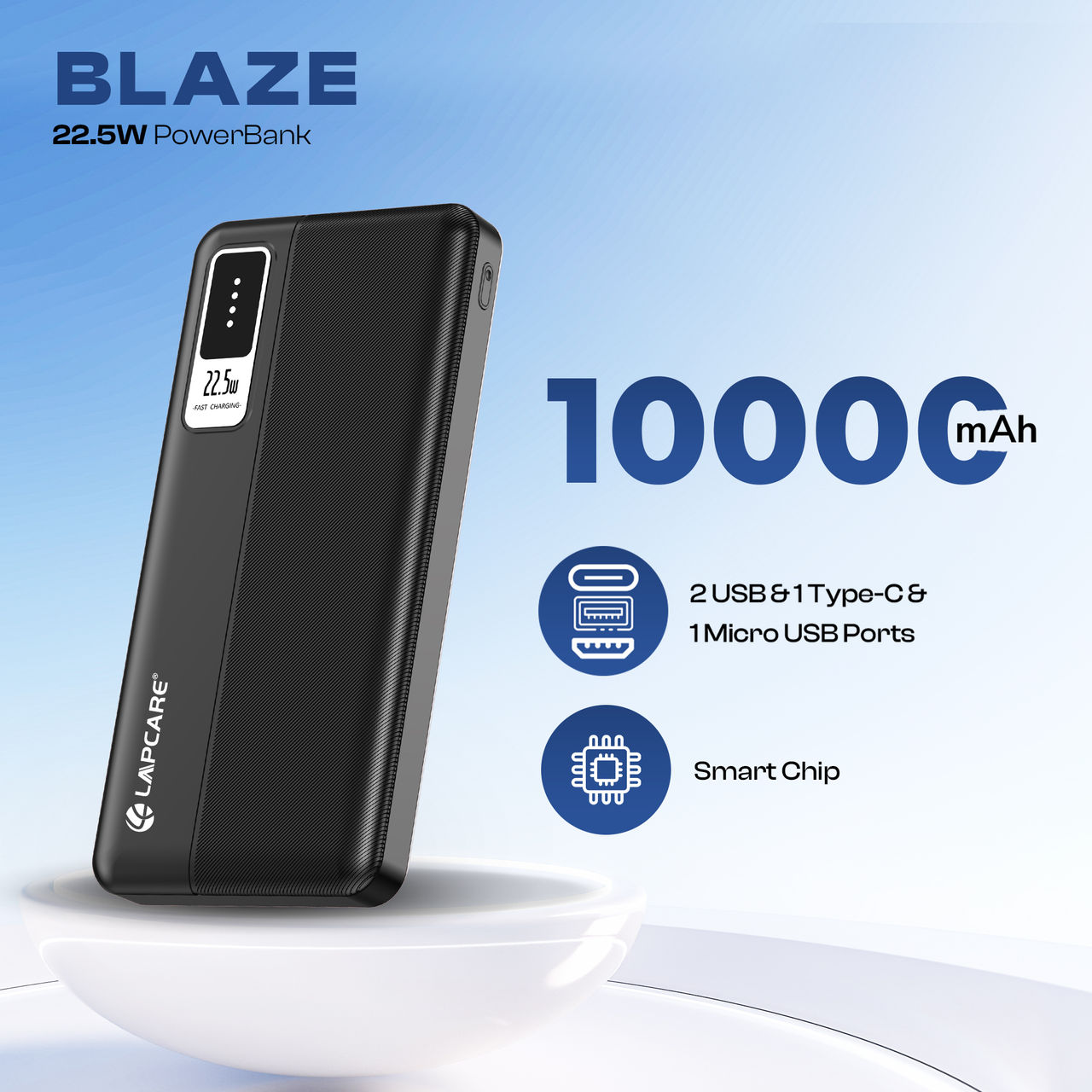 Lapcare Blaze 10000mAh Power bank | Dual USB Port + PD 22.5w Fast Charging Type-c