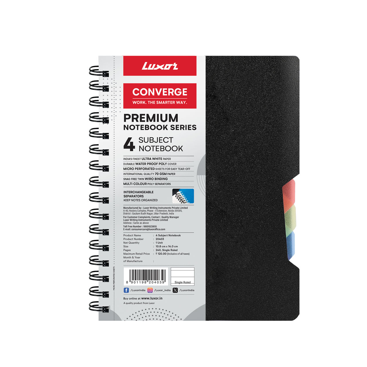 Luxor 4 Subject A6 Size Notebook Single Ruled | Pages - 240 Spiral | For School, Home & Office