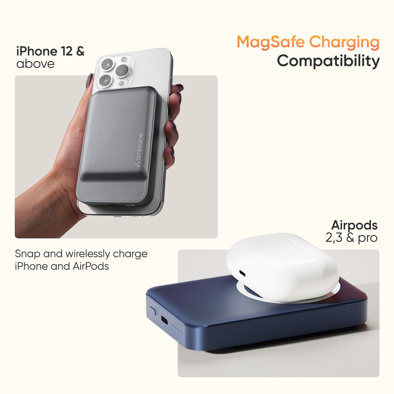 Ambrane 10000mah Magsafe Fast Wireless Charging Power Bank for All Qi Enabled Devices (Prime, Blue)