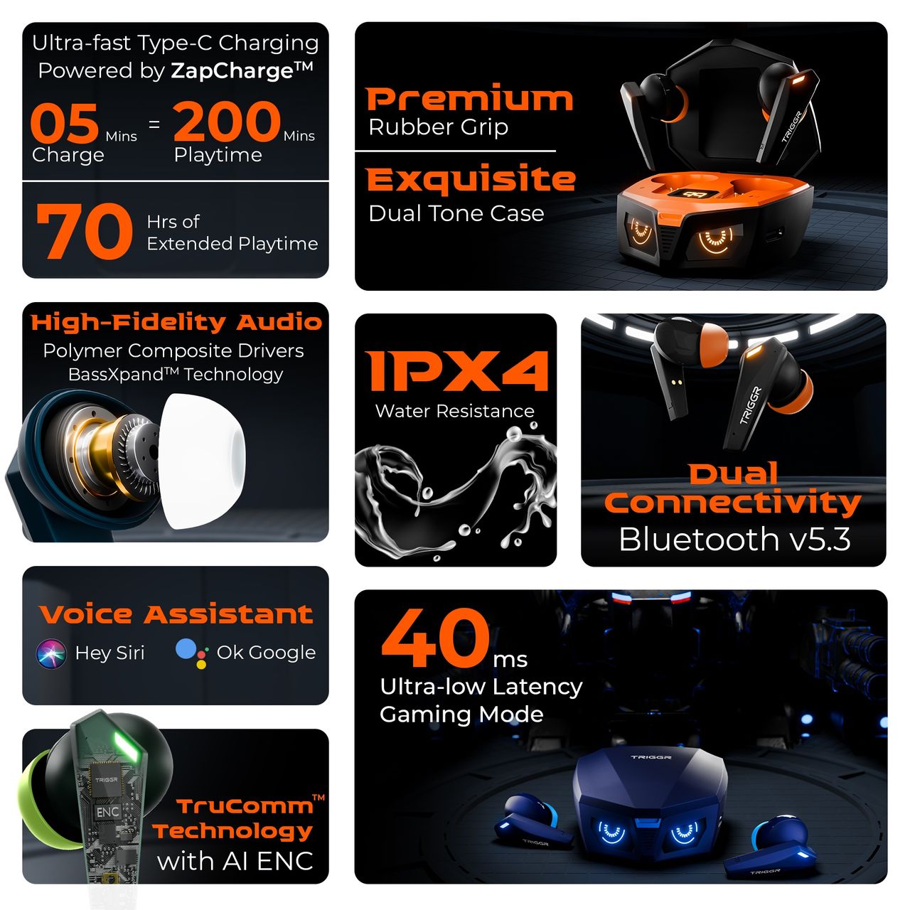 Triggr Earbuds Kraken X1 Plus | Dual Pairing | Battery Display | Quad ENC | 70Hr | Azure Blue