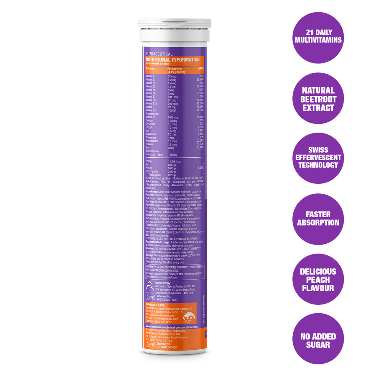 Fast&Up Vitalize - Daily 21 Multivitamins + Minerals + Beetroot - Peach - 20 Days Servings 