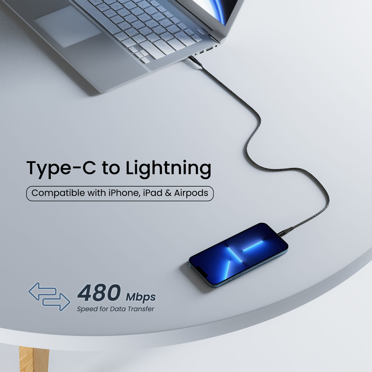 Ambrane ABTL 125 USB Type C To Lightning Cable 1.25 m - Black | Unbreakable Design
