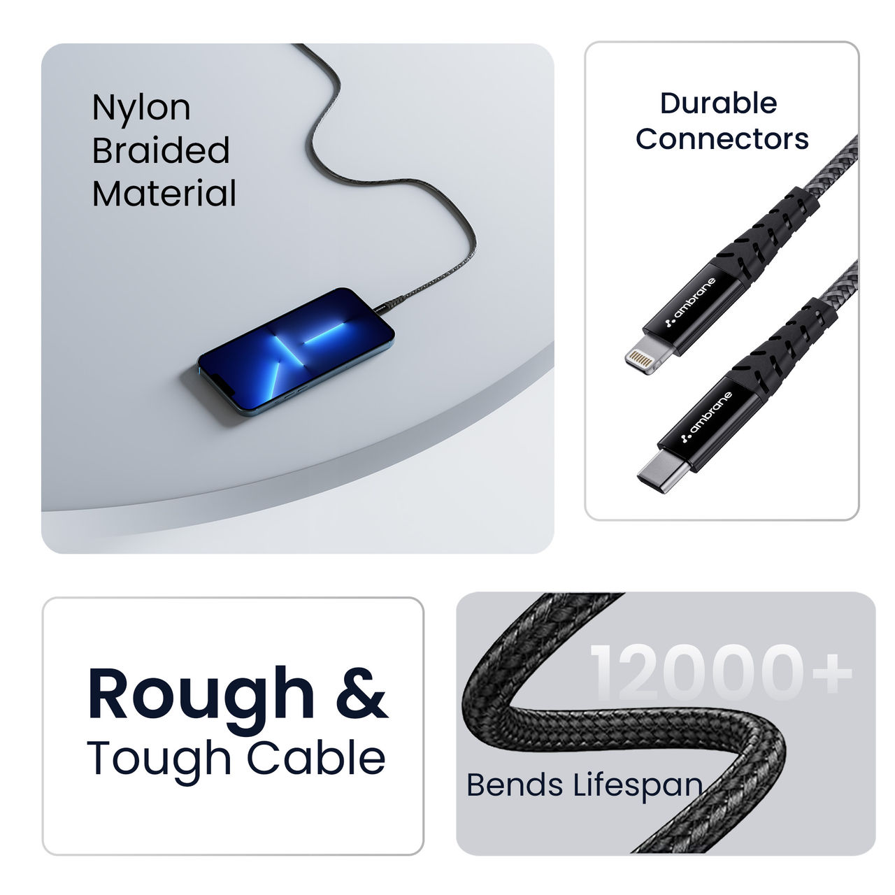 Ambrane ABTL 125 USB Type C To Lightning Cable 1.25 m - Black | Unbreakable Design