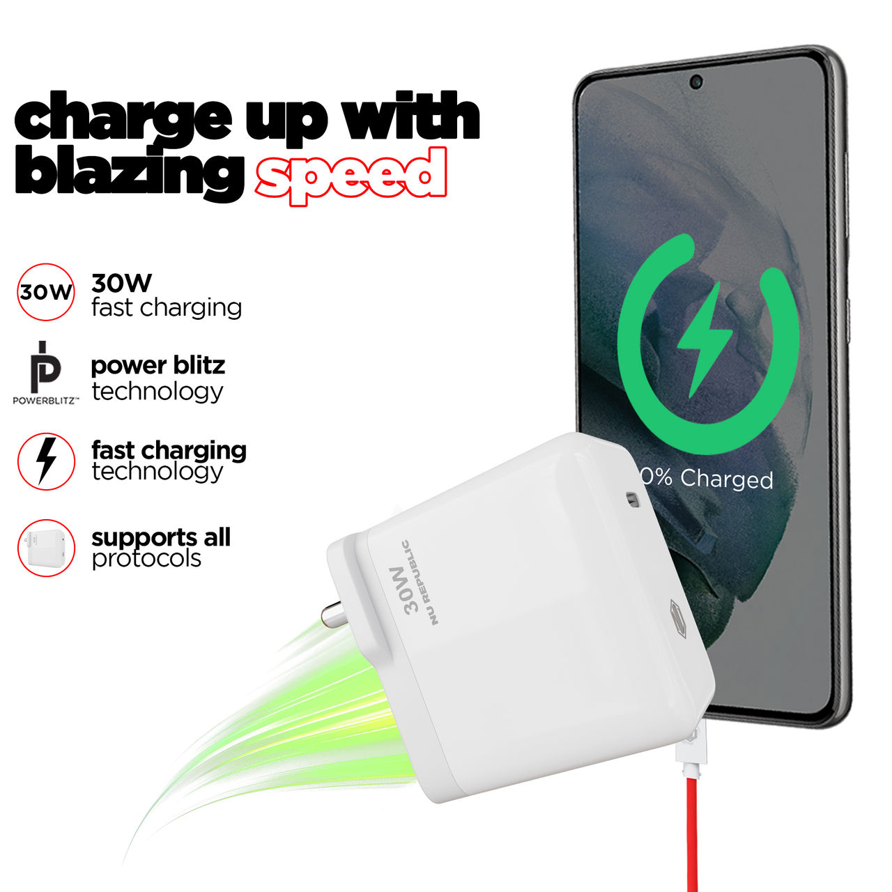 Nu Republic All In One 30W 6A Fast Charging Adapter with Cable (Type-C to Type-C)
