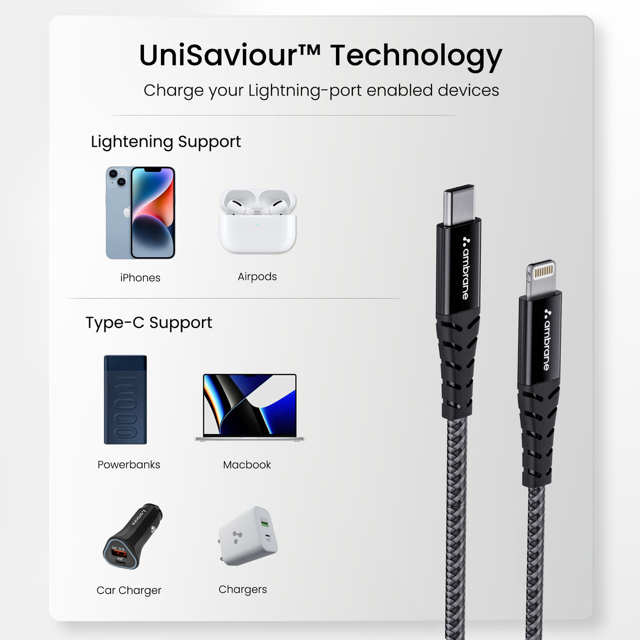 Ambrane ABTL 125 USB Type C To Lightning Cable 1.25 m - Black | Unbreakable Design
