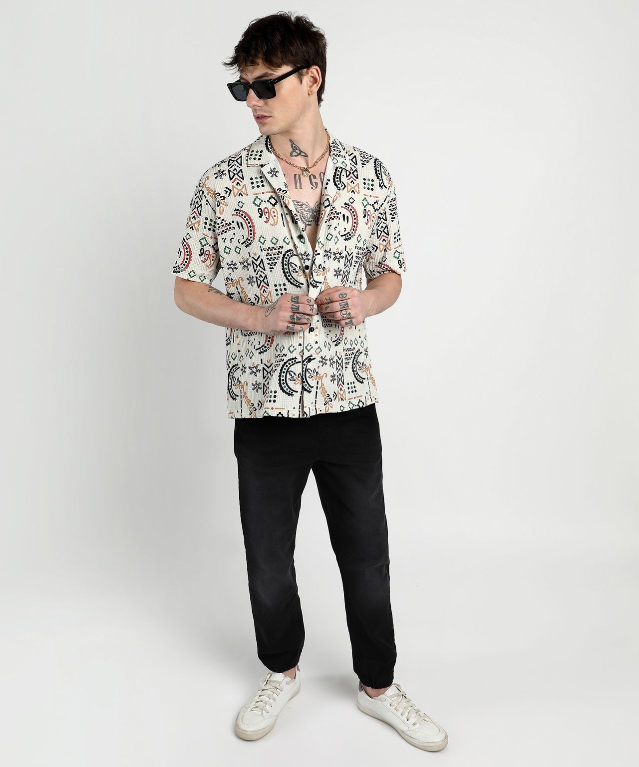 Campus Sutra Men's Oversized Bohemian Shirt | White - M