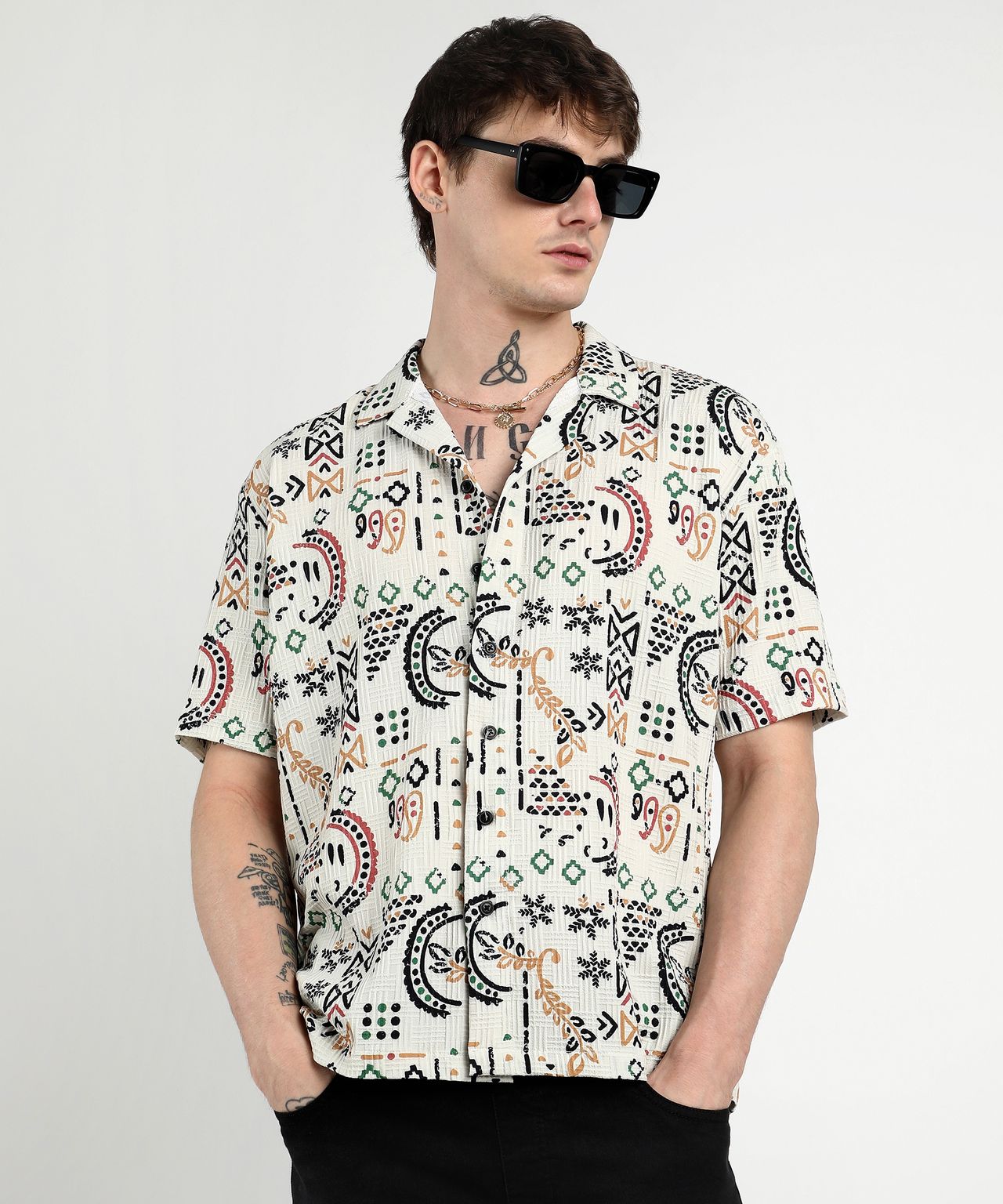 Campus Sutra Men's Oversized Bohemian Shirt | White - M