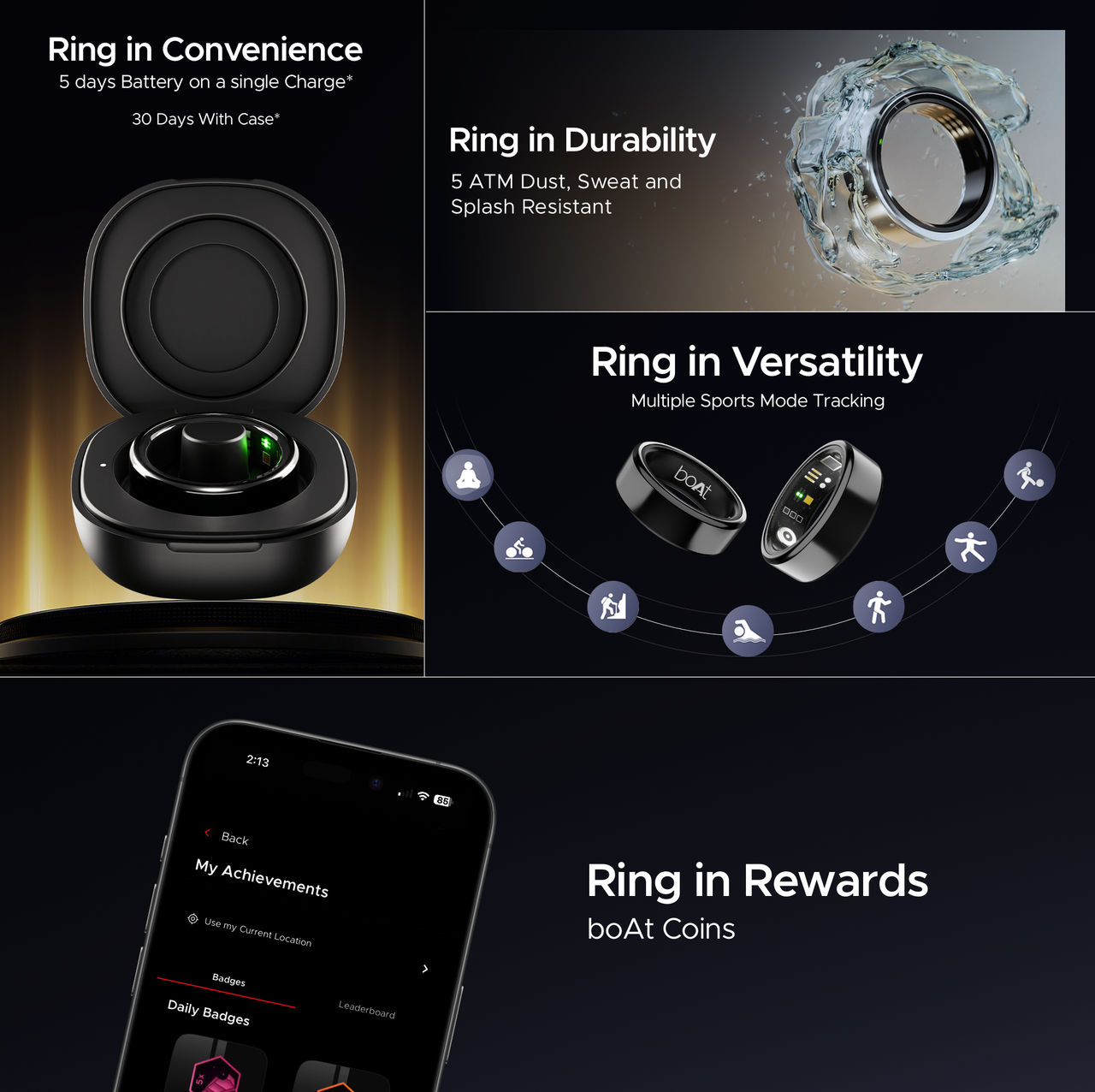 boAt SmartRing Active w/ Health Monitor, Magnetic Charging Case & Crest App (Size 10, Midnight Black)