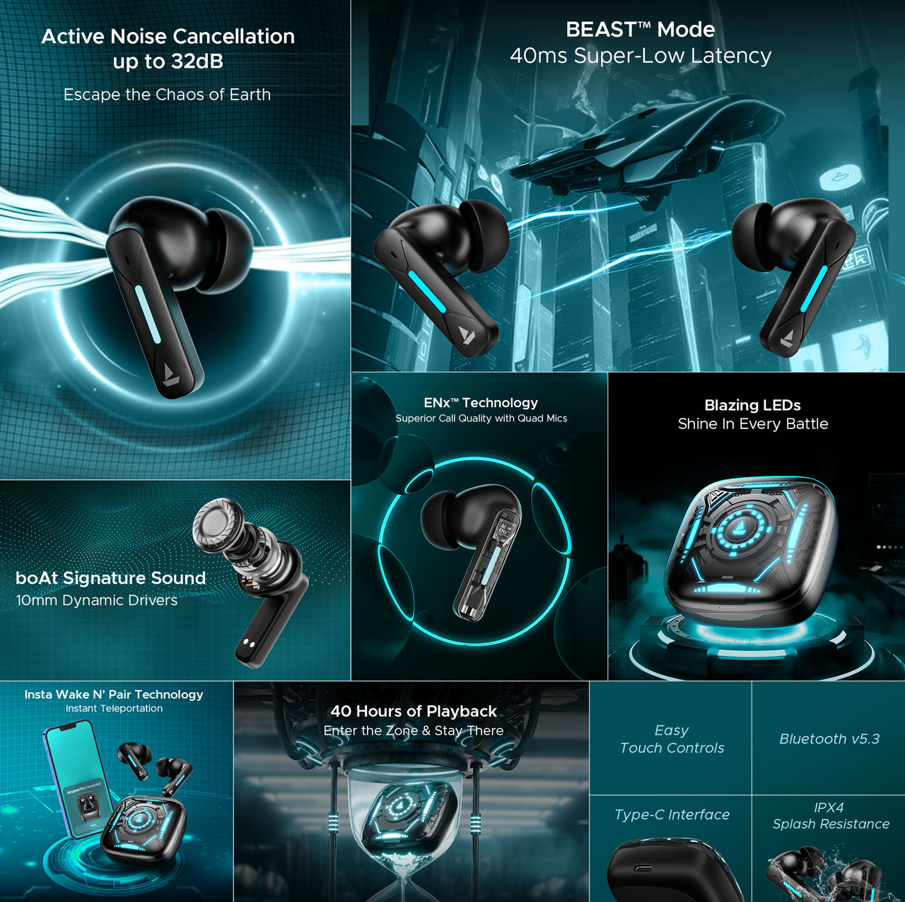 boAt Immortal Airspeed Pro TWS Earbuds w/ 32dB ANC, 40H Playback & 4 Mics with ENx (Black Sabre)
