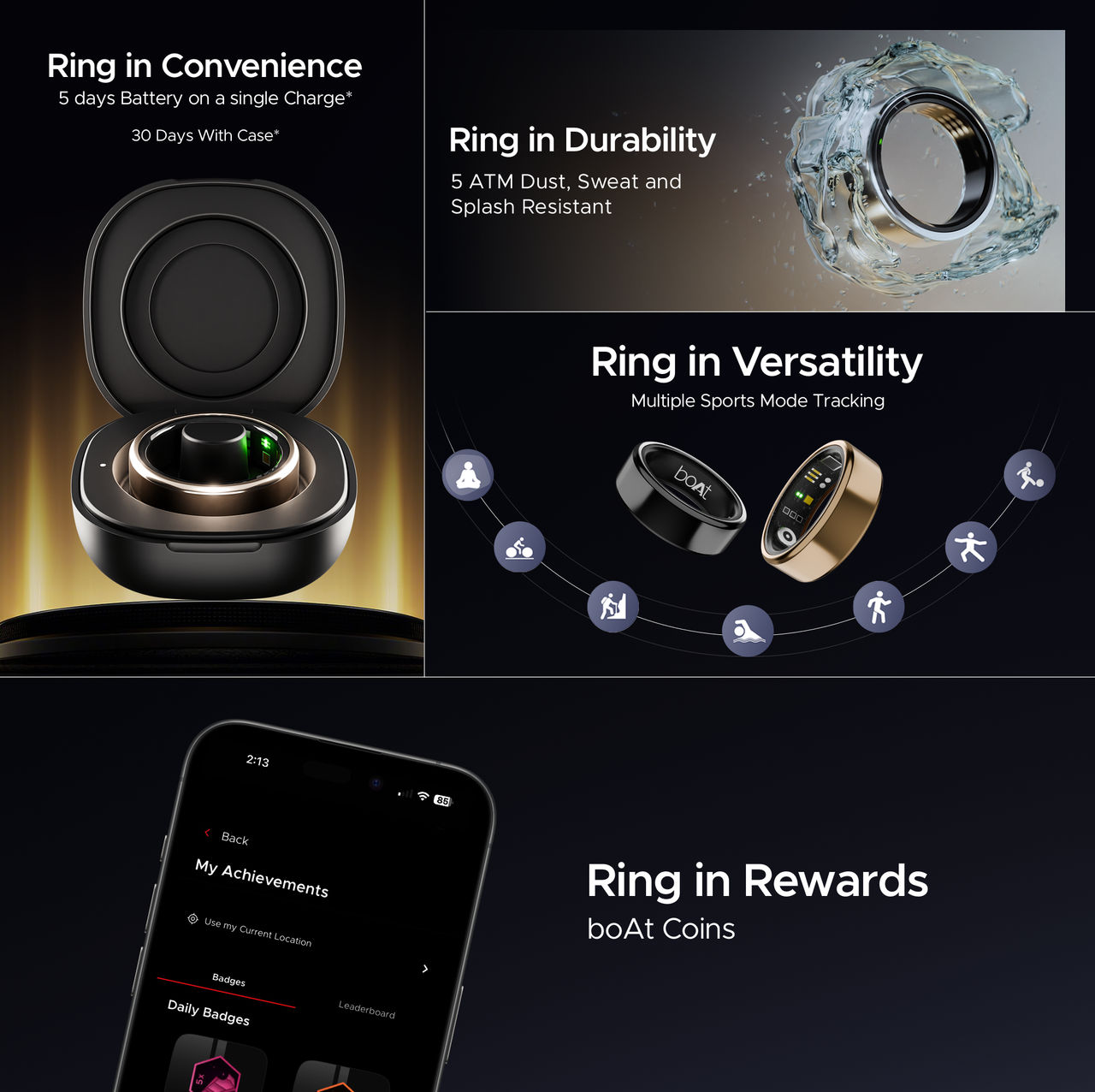 boAt SmartRing Active w/ Health Monitor, Magnetic Charging Case & Crest App (Size 8, Rose Gold)