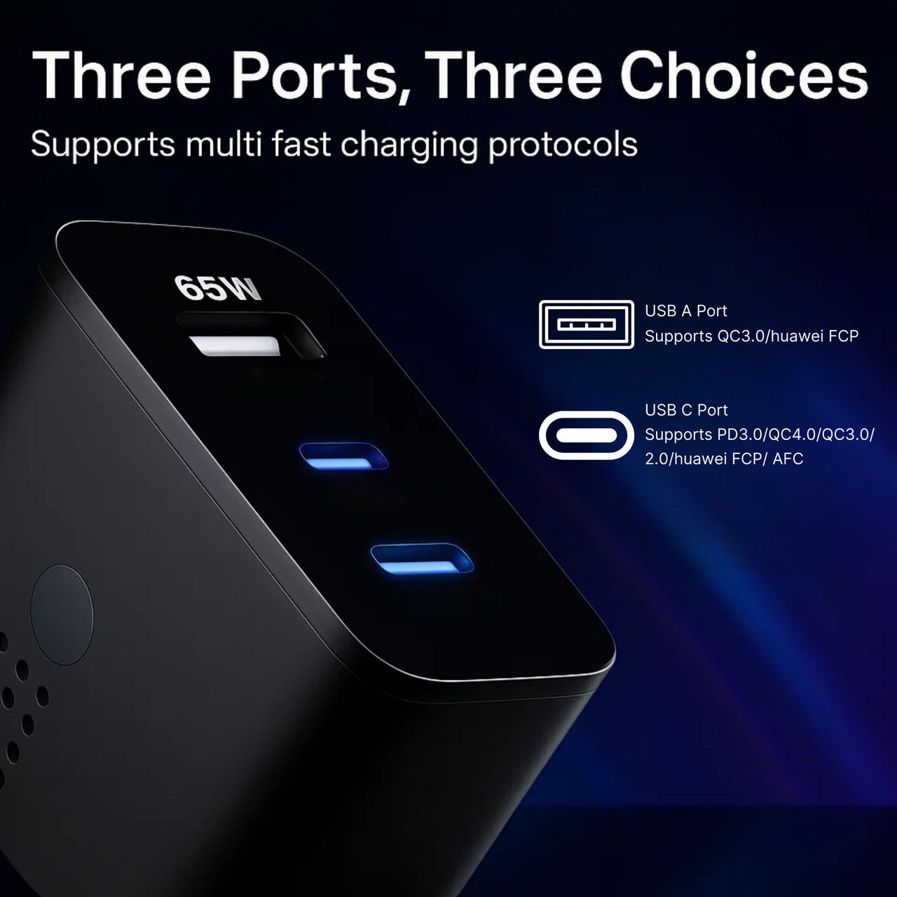 Roarx 65W GaN Type C Fast Charger Adapter | 3 Ports - USB , Type C to Type C Adapter | Black