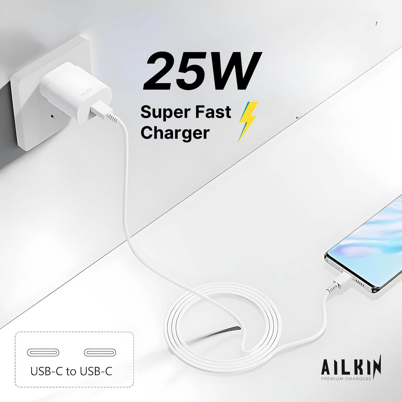 Ailkin 25W C-Type Adapter Compatible with Samsung Galaxy S/A/M/F Series|Super Fast Charger for S23/S22 Ultra/S21/21 Fe/S20+/S20/Note 20/Note 10/M54/M53 5G/M33/M23/A34/A54 5G/A13/F14/F23/F62,White