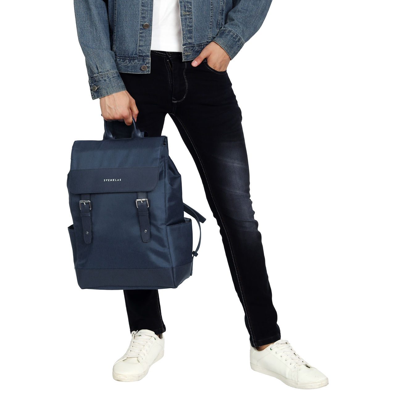 Svenklas Unisex Solid Polyester and Vegan Leather 22 L Top Handle Backpack | Navy
