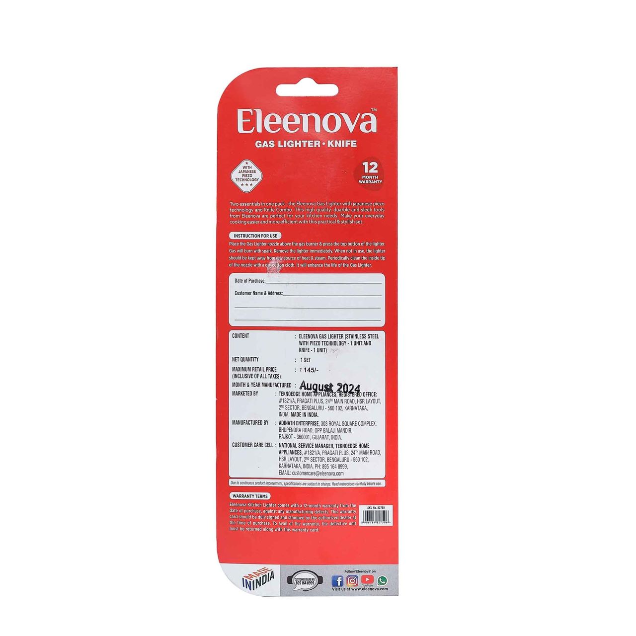 Eleenova Gas Stove Lighter and Kitchen Knife Set | Combo Pack