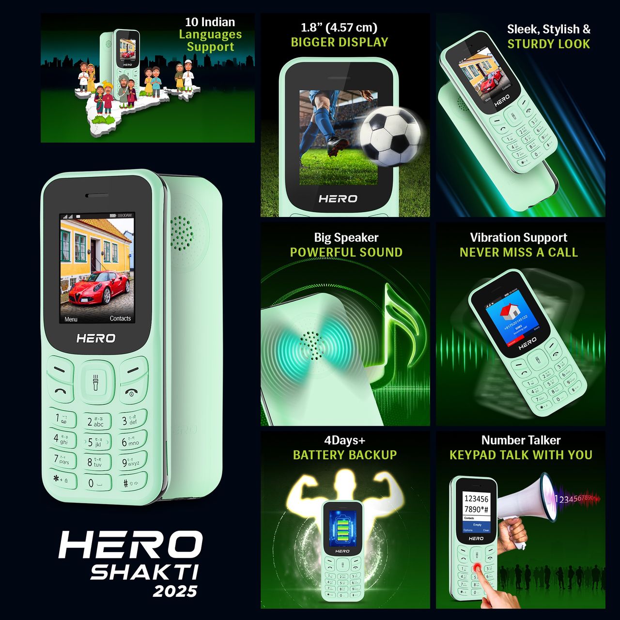 Lava Hero Shakti 2025 Dual Sim Keypad Mobile | 1.8" Display | 800mAh Battery | Mint Green