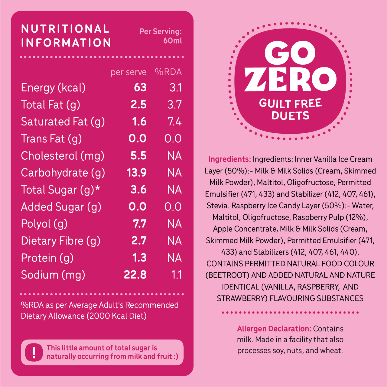 Go Zero Raspberry Duet Low Calorie Guilt Free Ice Cream Stick 60 ml Combo