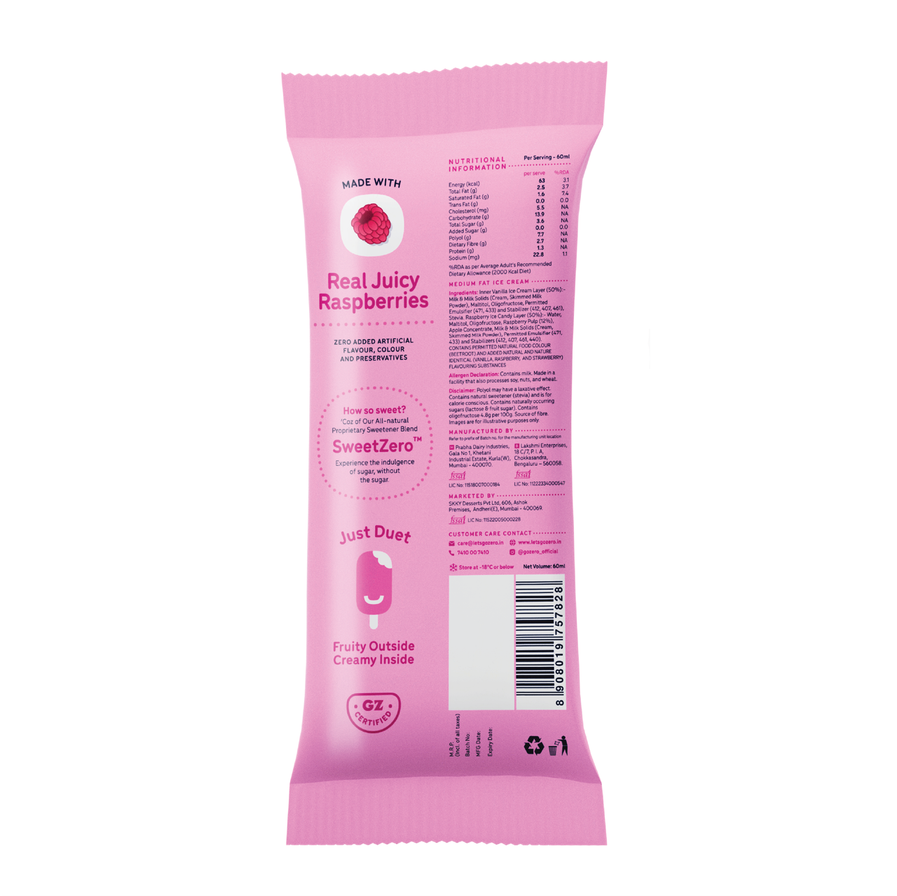 Go Zero Raspberry Duet Low Calorie Guilt Free Ice Cream Stick 60 ml Combo
