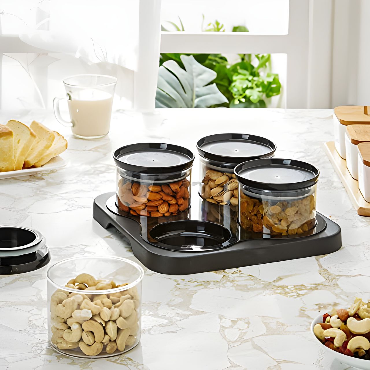 YouBee Storage Container 500ML Set of 4 With Serving Tray for DryFuits, Namkeens