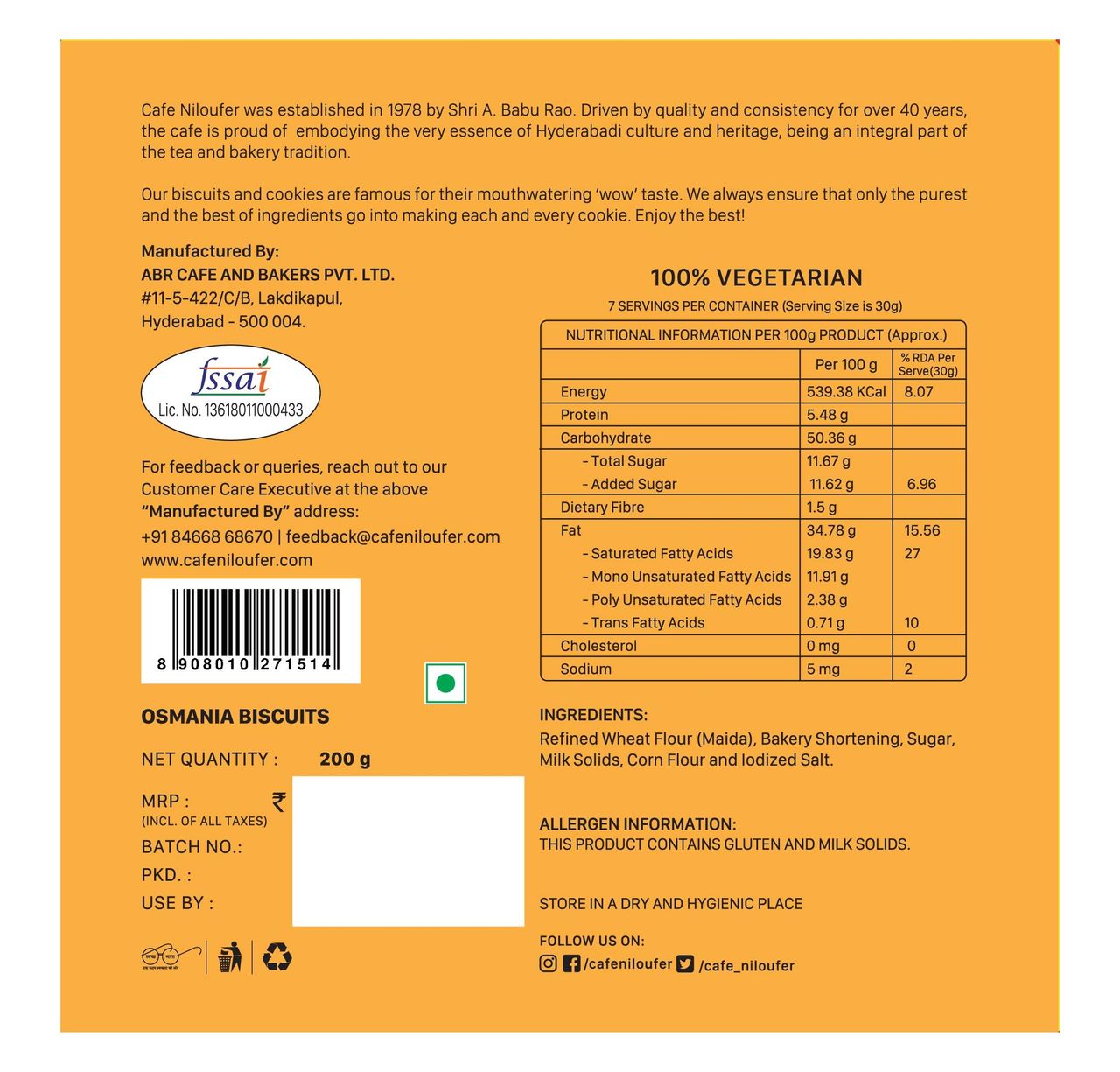 Cafe Niloufer Osmania Butter Flavoured Biscuits | Cholesterol-free