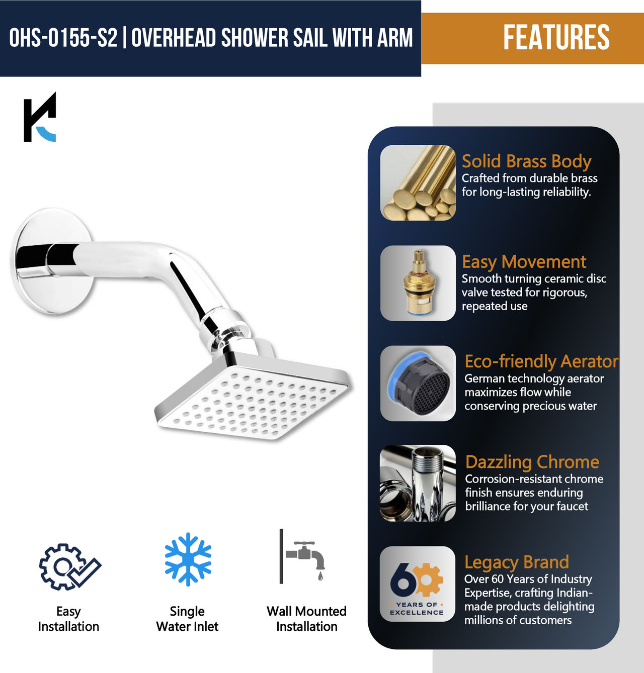 Kamal Sail | With Arm - Set Of 2 Shower Head