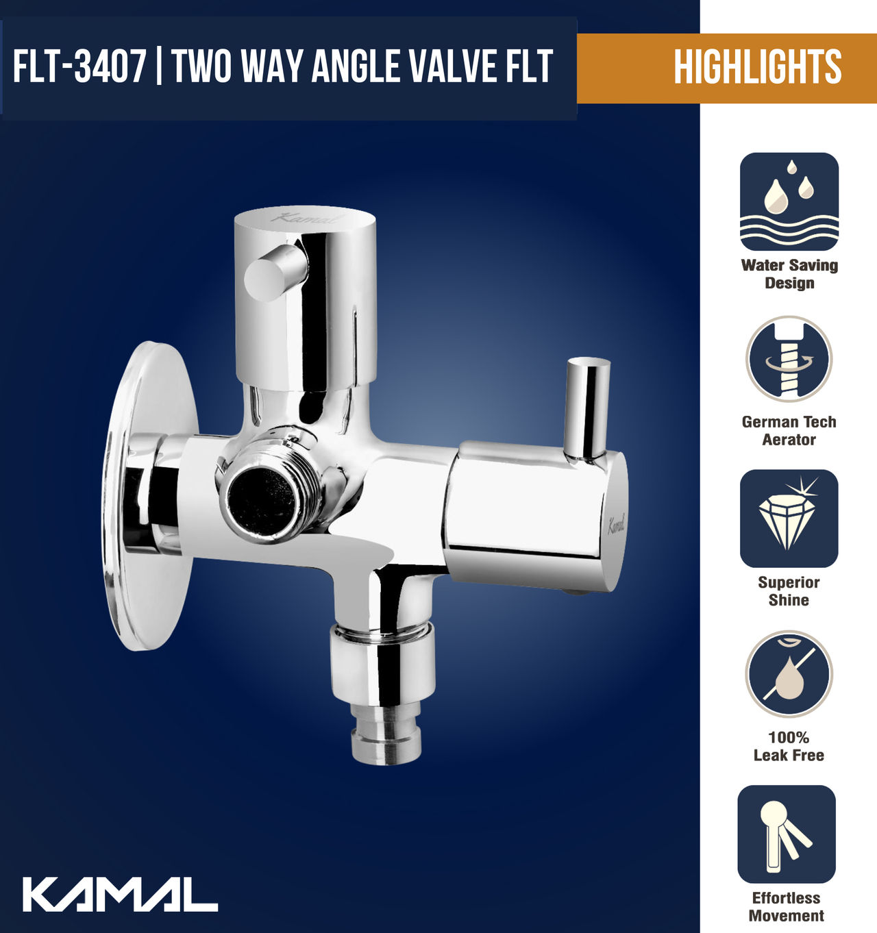 Kamal Two Way Angle Valve Flt | With Washing Adaptor | Full Brass Quarter Turn Movement | Second O
