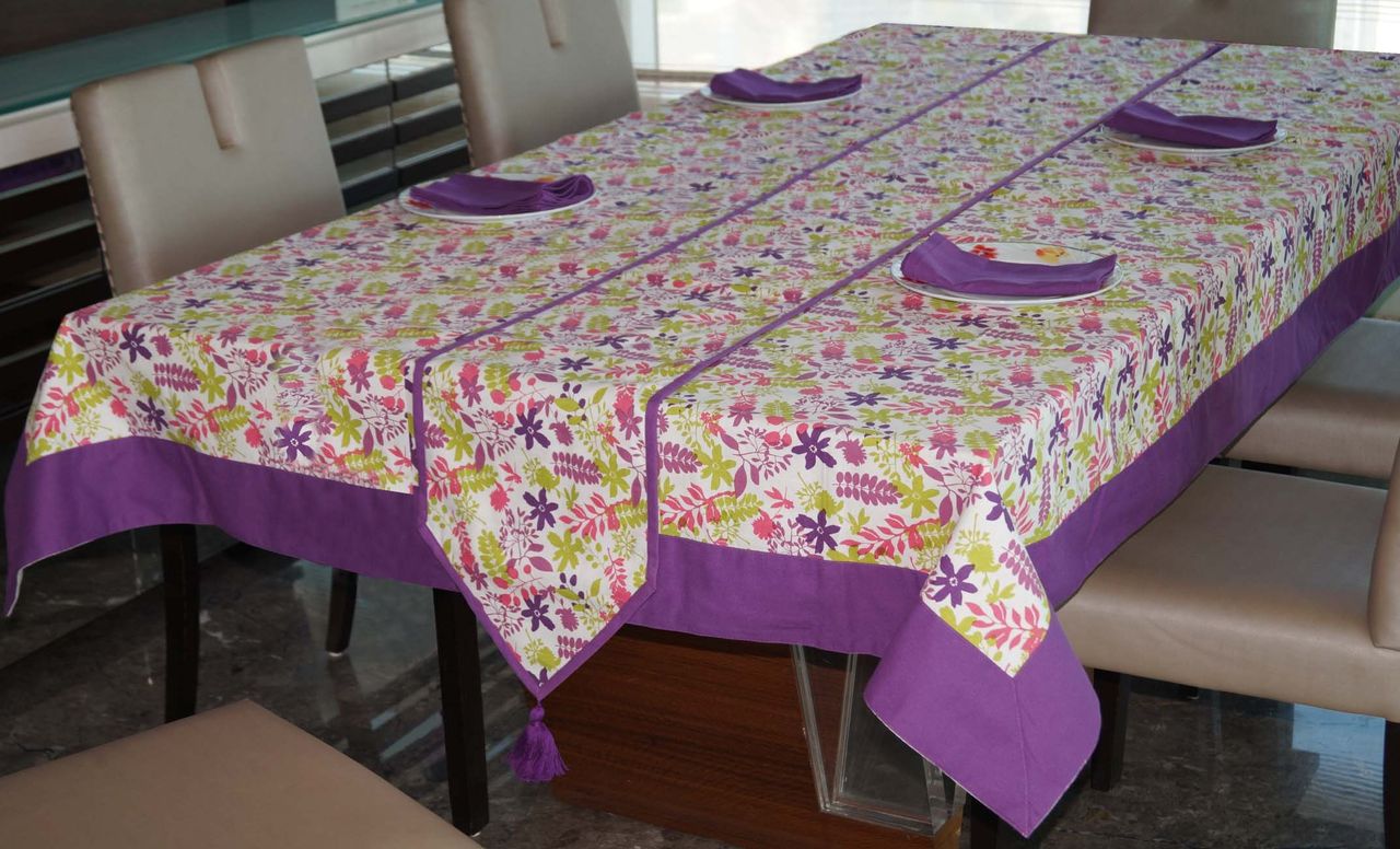Lushomes Dining Table Set - Purple Rain Printed | 12 Seater | 72 x 120 inch | 12 x 132 inch | Napkins 17 x 17 inch